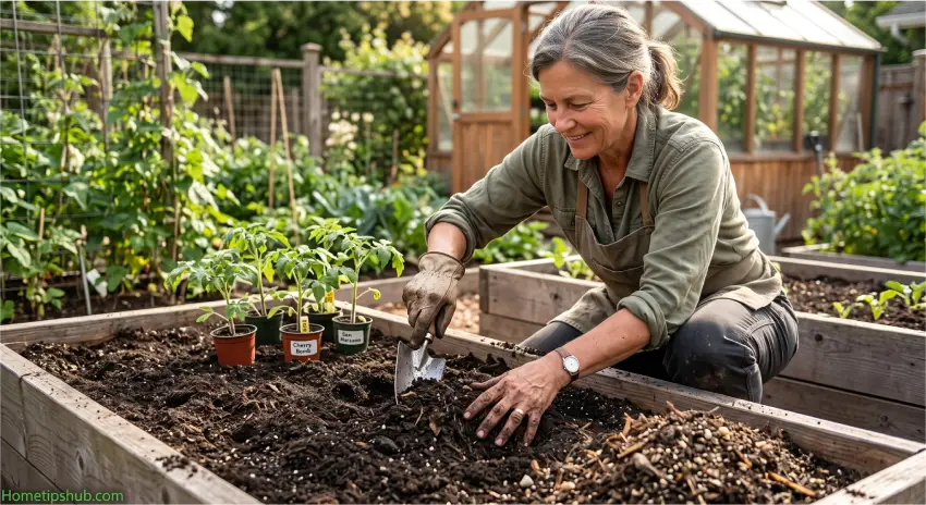 Preparing healthy soil for tomato plants with compost