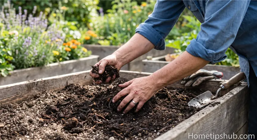 Preparing soil for flower garden with compost