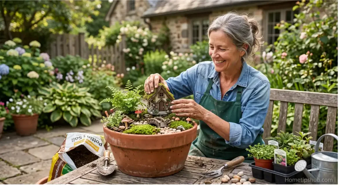 how to make a fairy garden in a terra cotta pot with moss and miniature house