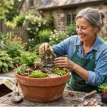 how to make a fairy garden in a terra cotta pot with moss and miniature house