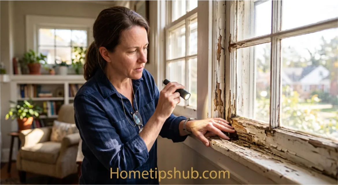 Window frame repair showing homeowner inspecting damaged wooden window frame for rot and moisture