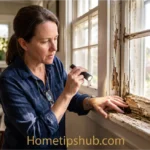 Window frame repair showing homeowner inspecting damaged wooden window frame for rot and moisture