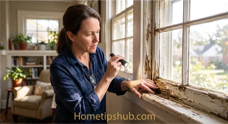 Window Frame Repair: 18 Incredible Ultimate Tips What’s Inside Window frame repair showing homeowner inspecting damaged wooden window frame for rot and moisture