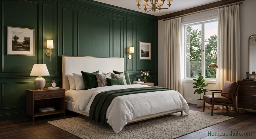 Master Bedroom Accent Wall Ideas with luxury green wall panels.