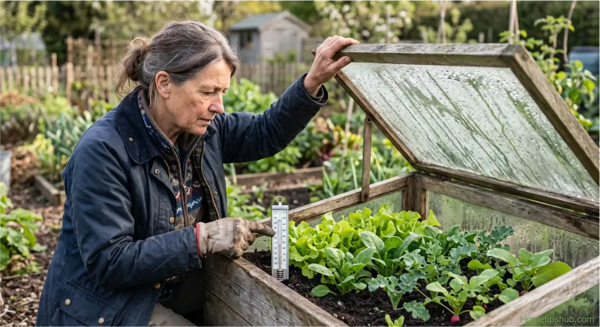 Cold frame gardening tips showing proper ventilation and temperature monitoring.