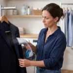 Woman learning how to do dry cleaning at home using a garment bag and steamer on a wool coat