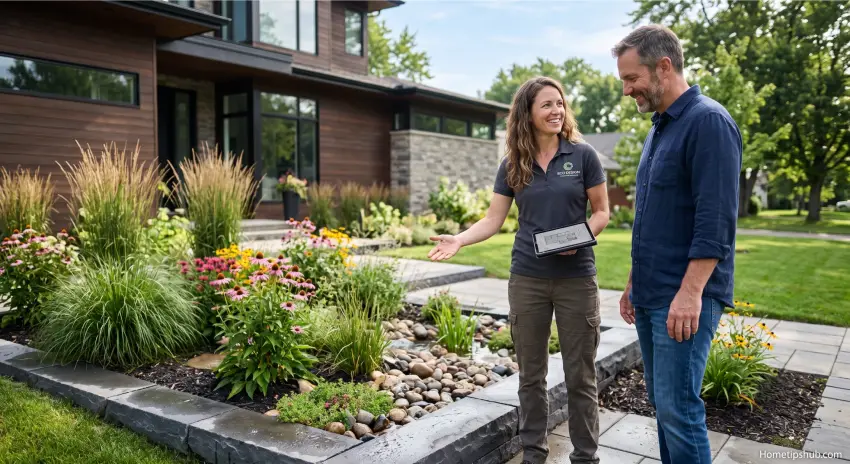Modern rain garden designs with native plants and decorative landscaping