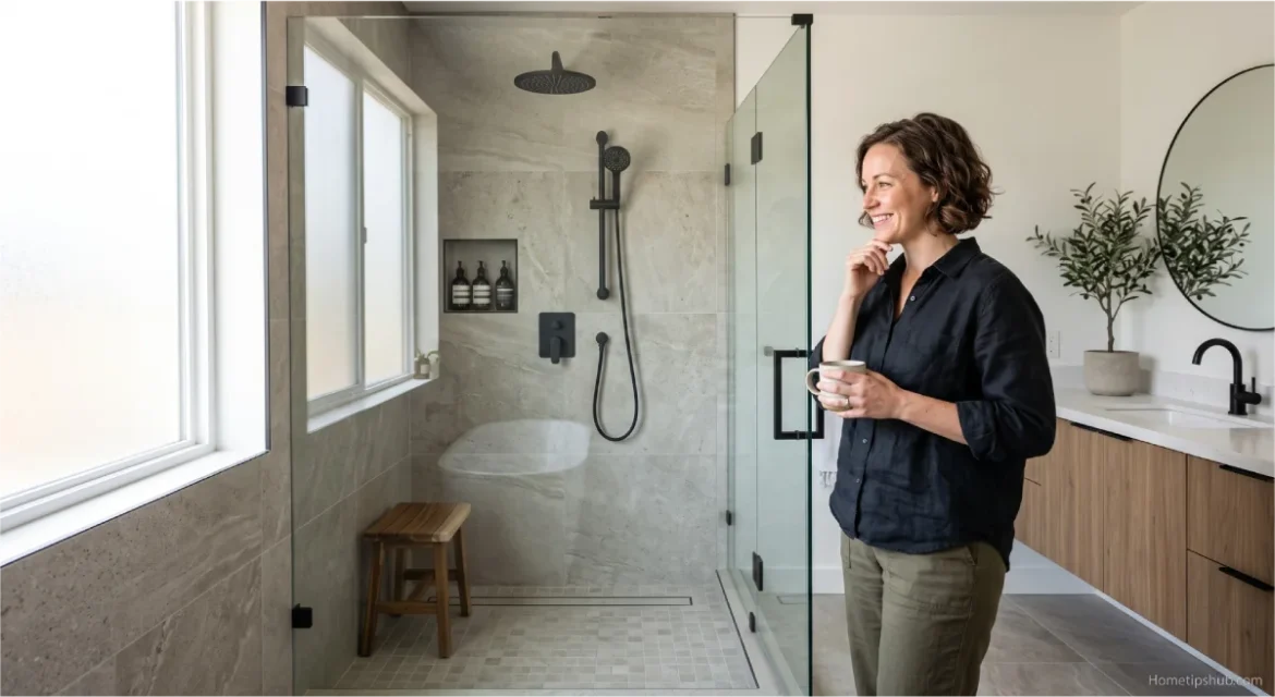Modern shower tile ideas featuring a luxury walk-in shower with large-format porcelain tiles.