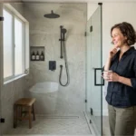Modern shower tile ideas featuring a luxury walk-in shower with large-format porcelain tiles.
