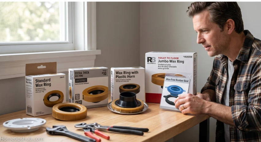 Different types of toilet wax rings including wax-free and horned seals for toilet installation