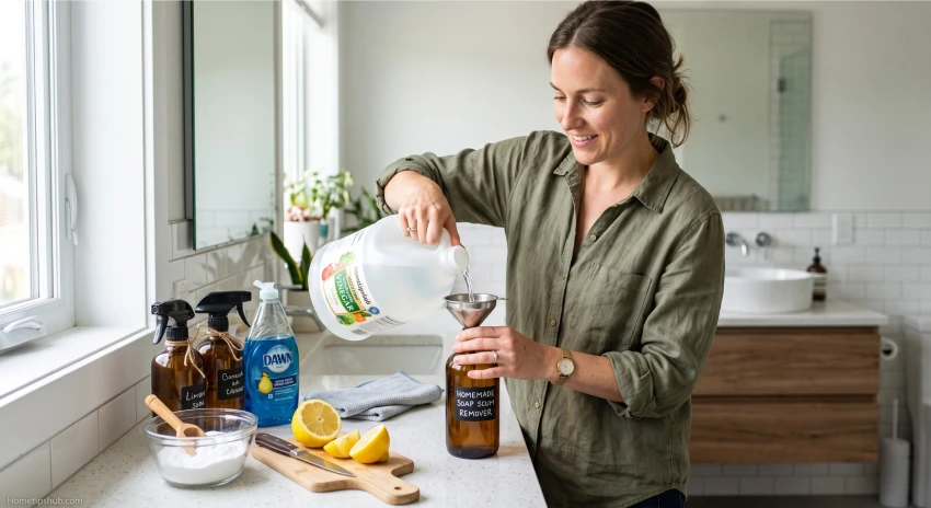 Homemade soap scum remover using vinegar and baking soda
