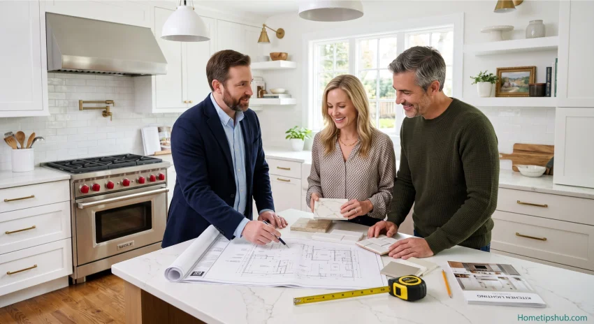 White kitchen remodel planning with designer and homeowners