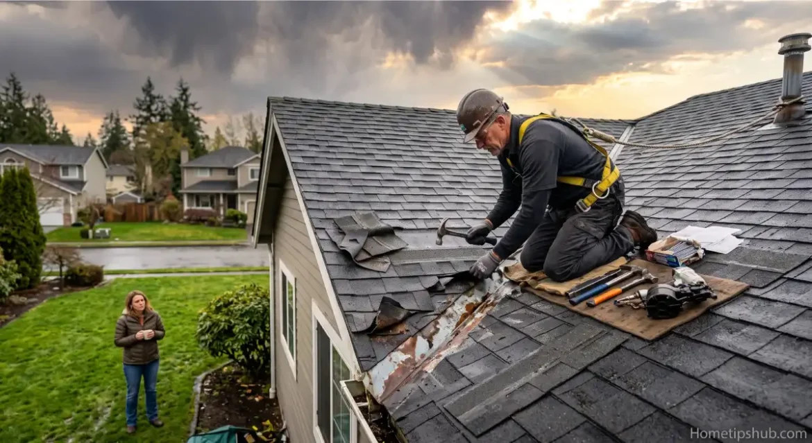 Contractor performing roof leak repair by sealing damaged shingles on a residential roof