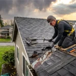 Contractor performing roof leak repair by sealing damaged shingles on a residential roof