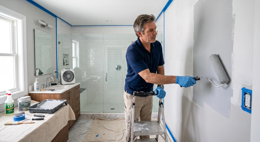 Professional applying mold resistant paint correctly in a bathroom