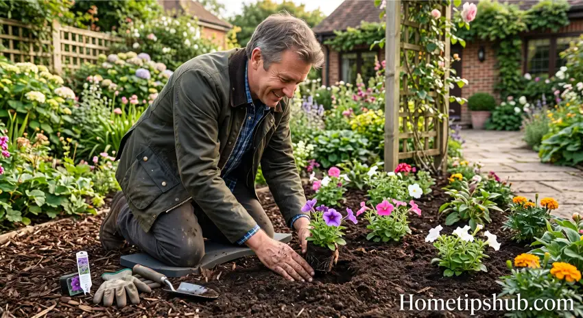 Step by step planting flowers in garden bed