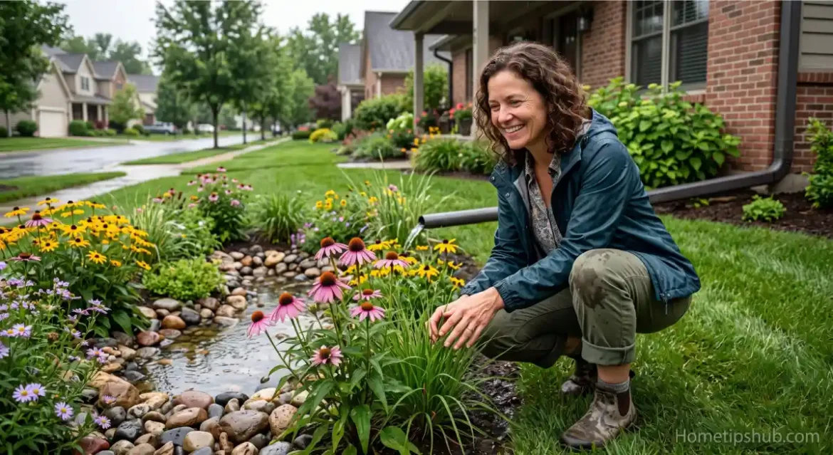 Rain garden designs in a modern front yard using native plants to manage stormwater naturallyCaption: A modern rain garden design combining structured edging with native grasses for a clean, contemporary look.
