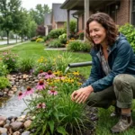Rain garden designs in a modern front yard using native plants to manage stormwater naturallyCaption: A modern rain garden design combining structured edging with native grasses for a clean, contemporary look.