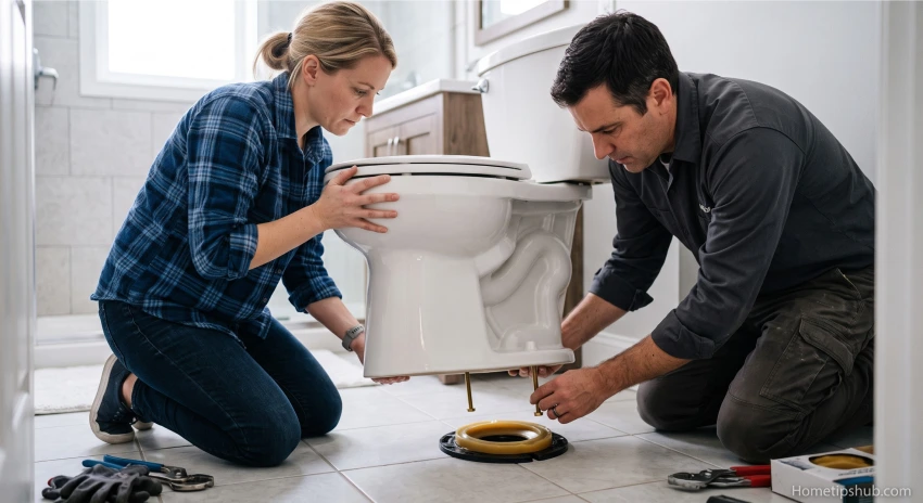 Installing a new toilet over a properly positioned toilet wax ring during bathroom repair