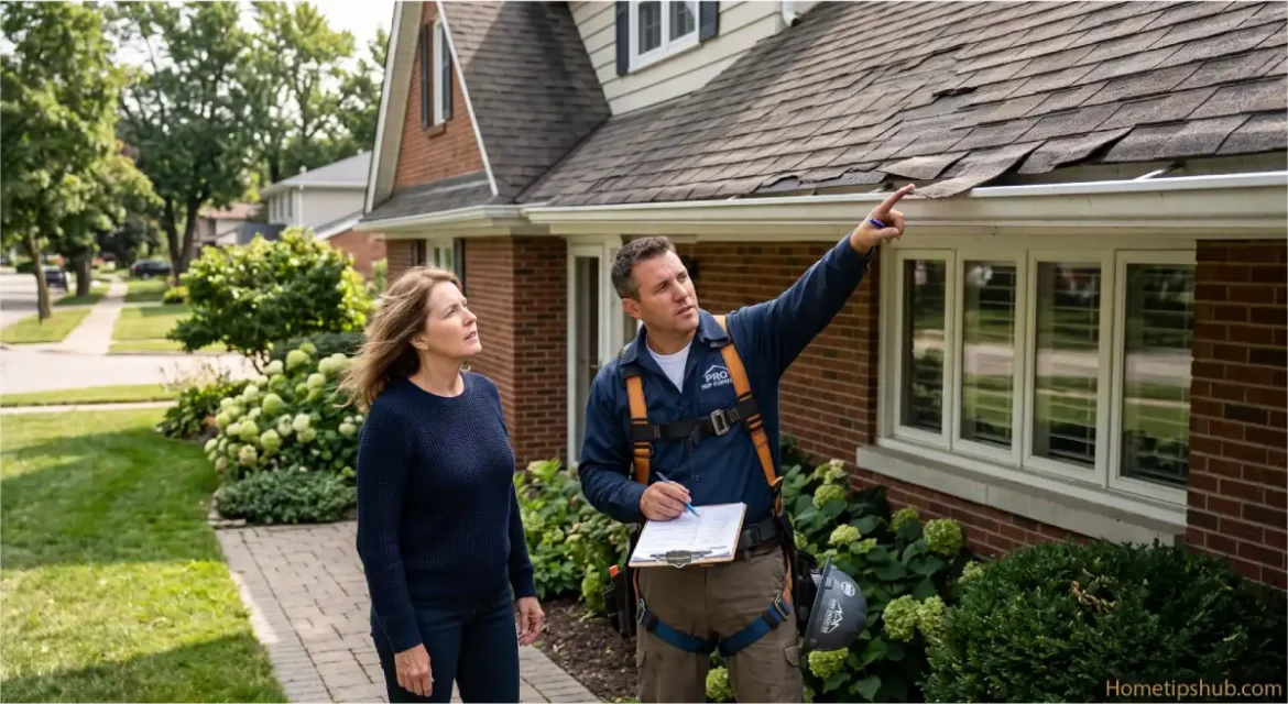 Roof shingle replacement contractor inspecting damaged asphalt shingles with homeowner