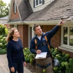 Roof shingle replacement contractor inspecting damaged asphalt shingles with homeowner