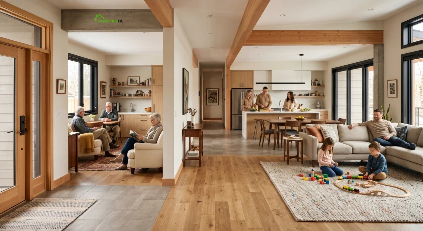 Example of a multi generational home floor plan with a private in-law suite and shared living spaces.