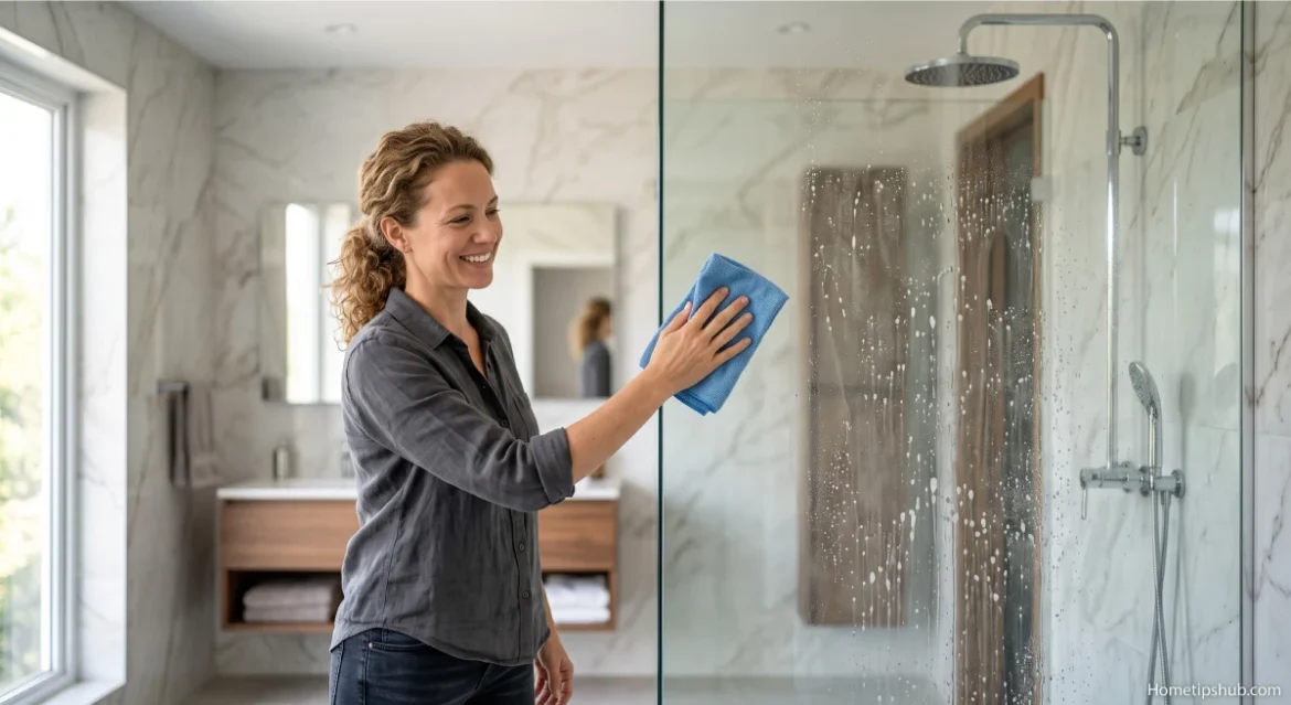 Woman scrubbing soap scum off glass shower door with spray
