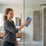 Woman scrubbing soap scum off glass shower door with spray