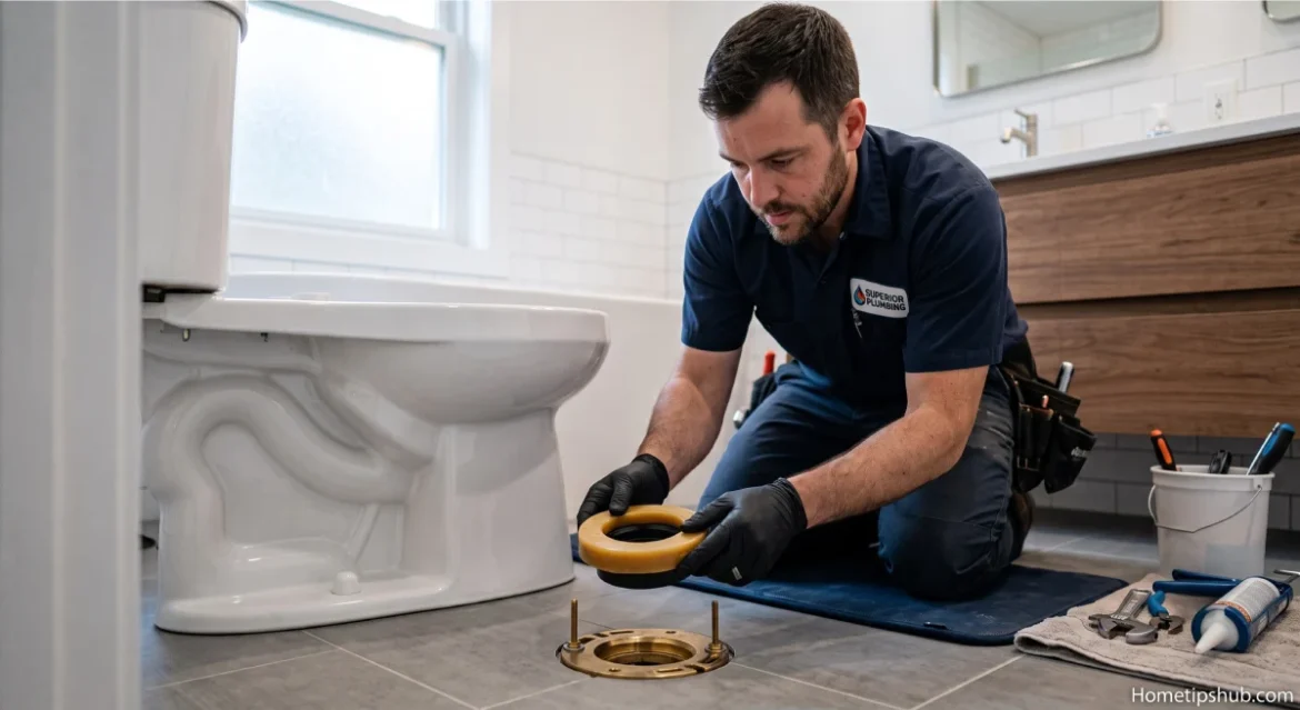 Professional plumber installing a toilet wax ring on a bathroom toilet flange before toilet installation