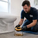 Professional plumber installing a toilet wax ring on a bathroom toilet flange before toilet installation