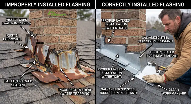 Correct and incorrect roof flashing repair installation comparison