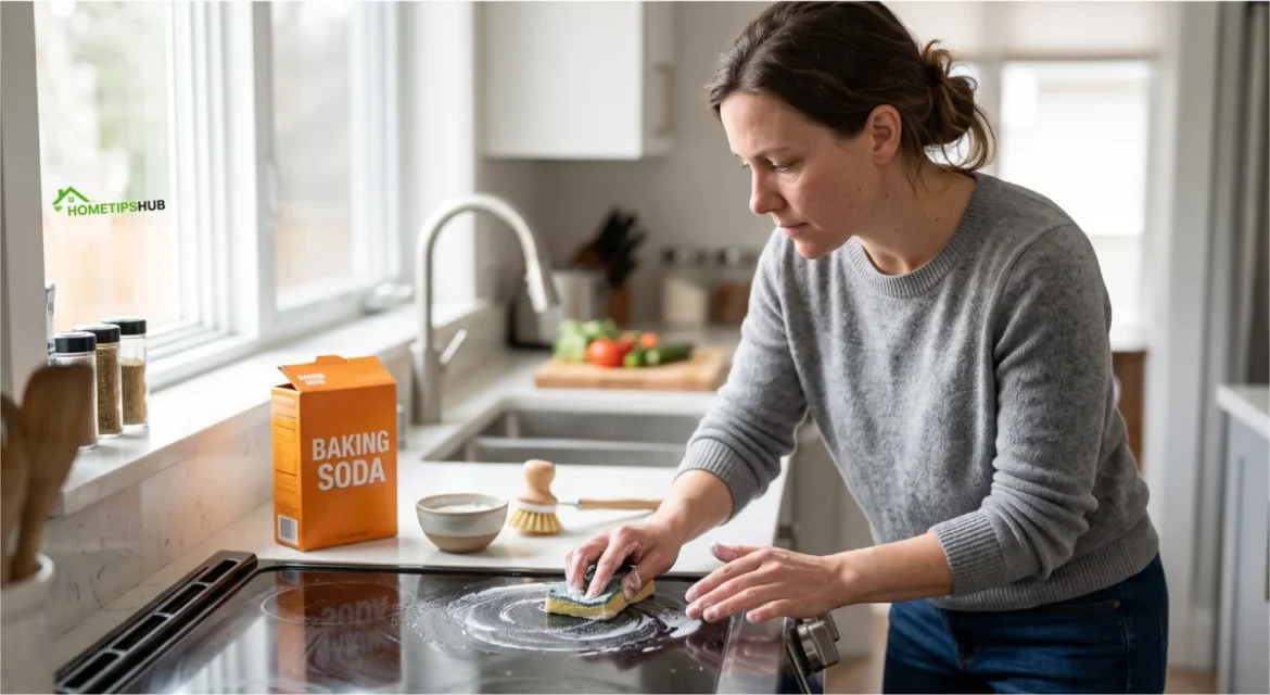 Baking soda cleaning naturally removes grease and stains from a home kitchen stovetop.
