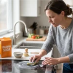 Baking soda cleaning naturally removes grease and stains from a home kitchen stovetop.