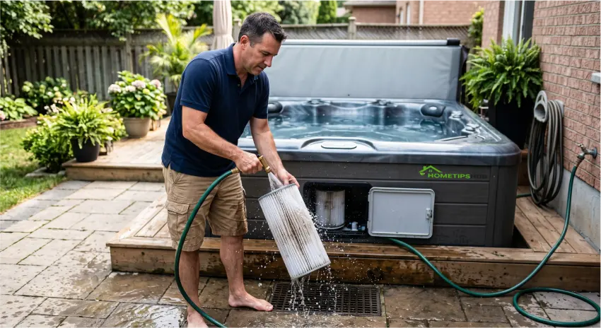 Cleaning a hot tub cartridge filter as part of routine hot tub maintenance.