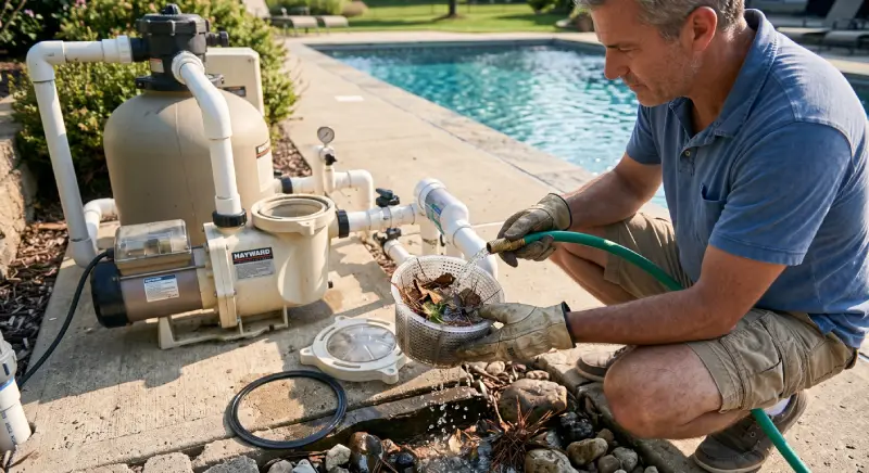 Homeowner cleaning a pool pump strainer basket during pool pump maintenance