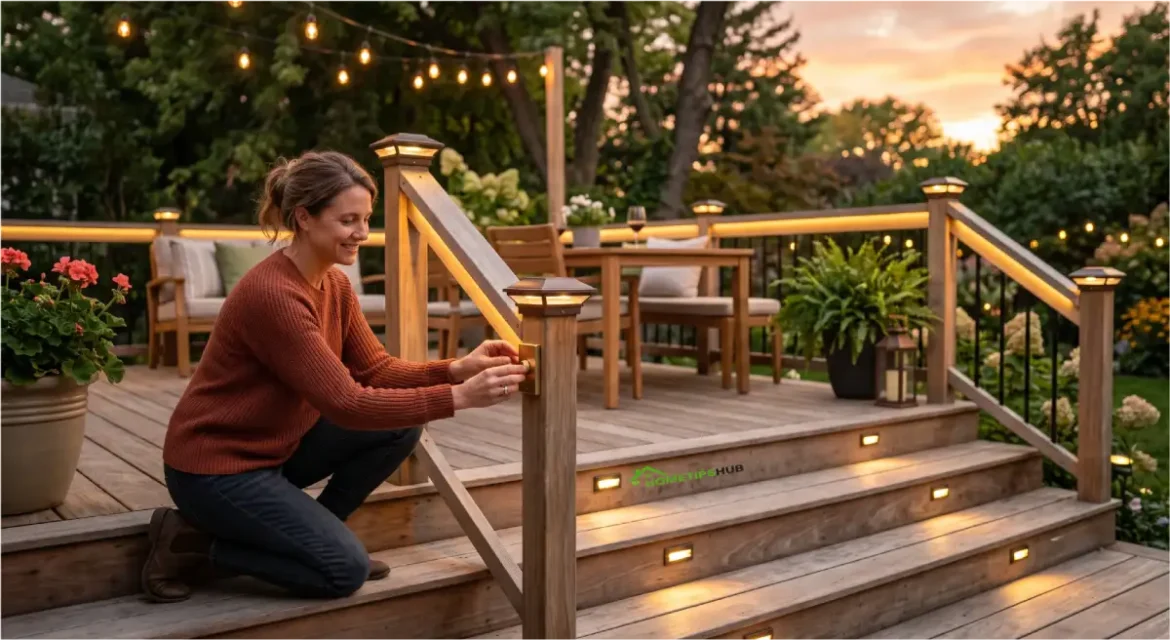 Deck lighting ideas featuring warm LED step lights, railing lights, and ambient outdoor lighting on a modern residential deck.