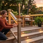 Deck lighting ideas featuring warm LED step lights, railing lights, and ambient outdoor lighting on a modern residential deck.