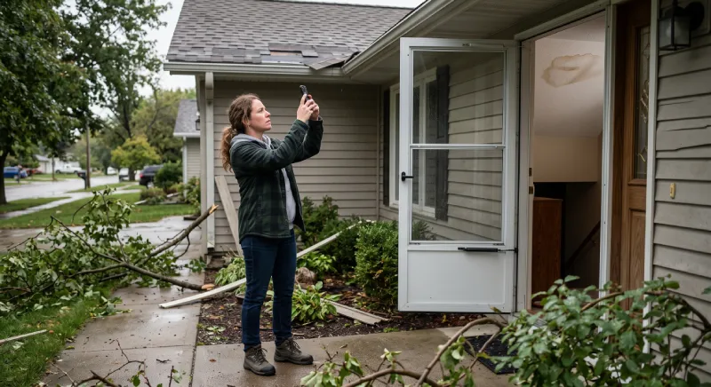 Homeowner documenting wind damage after a storm