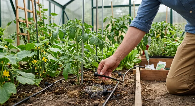 Drip irrigation for greenhouse plants to control watering and humidity
