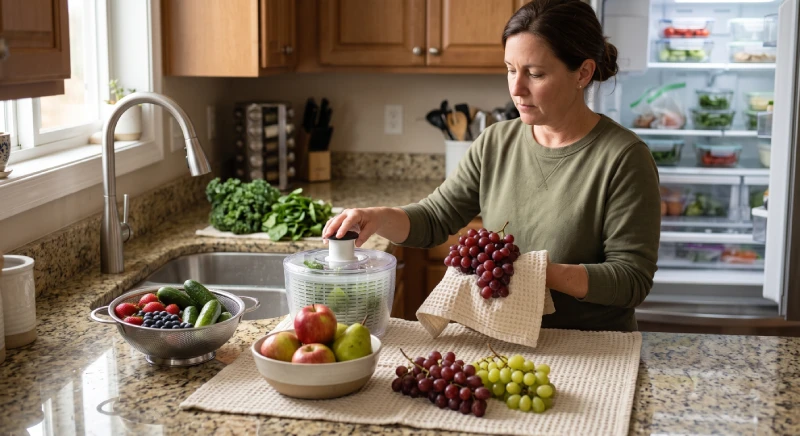 Drying washed produce before storing fresh fruit and vegetables