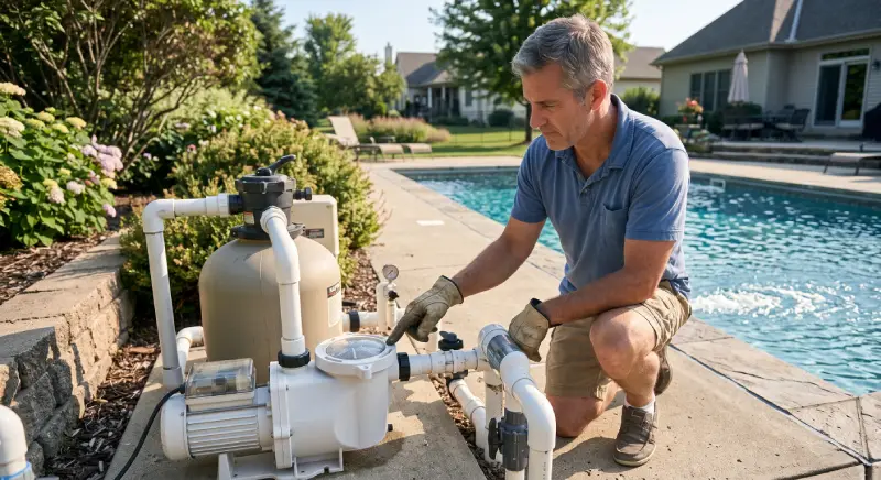 Homeowner checking a variable-speed pool pump for energy-efficient operation