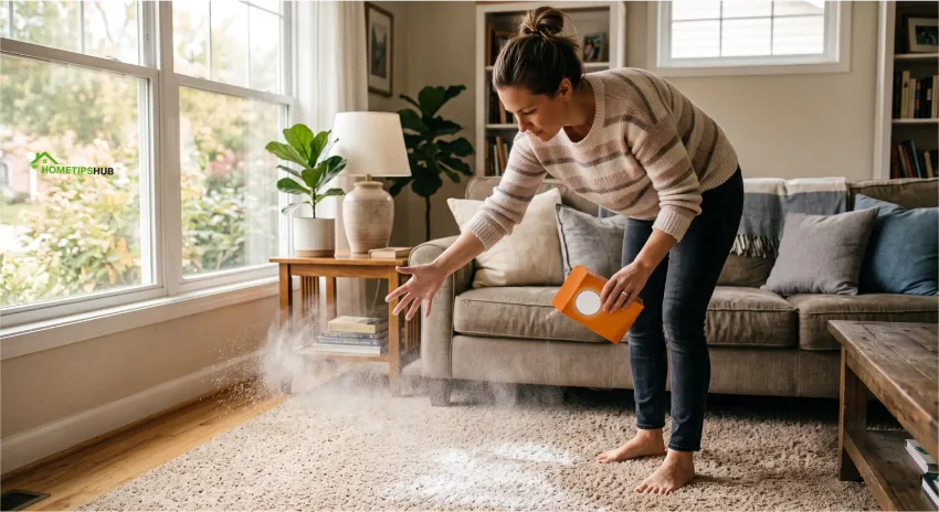 Using baking soda cleaning to naturally deodorize a living room carpet before vacuuming.