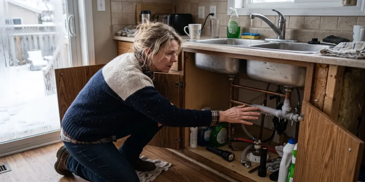 Frozen Pipe Repair: 7 Amazing Fixes That Work Frozen pipe repair in a residential kitchen with a homeowner inspecting an exposed frozen water pipe
