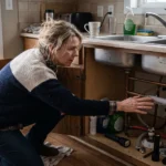 Frozen pipe repair in a residential kitchen with a homeowner inspecting an exposed frozen water pipe