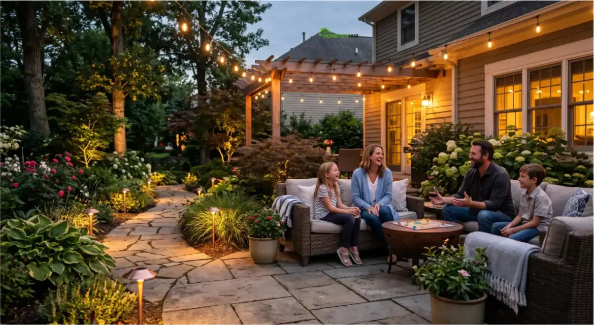 Beautiful garden lighting ideas featuring warm white string lights, solar pathway lights, and layered landscape lighting in a backyard.