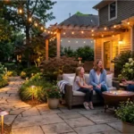 Beautiful garden lighting ideas featuring warm white string lights, solar pathway lights, and layered landscape lighting in a backyard.