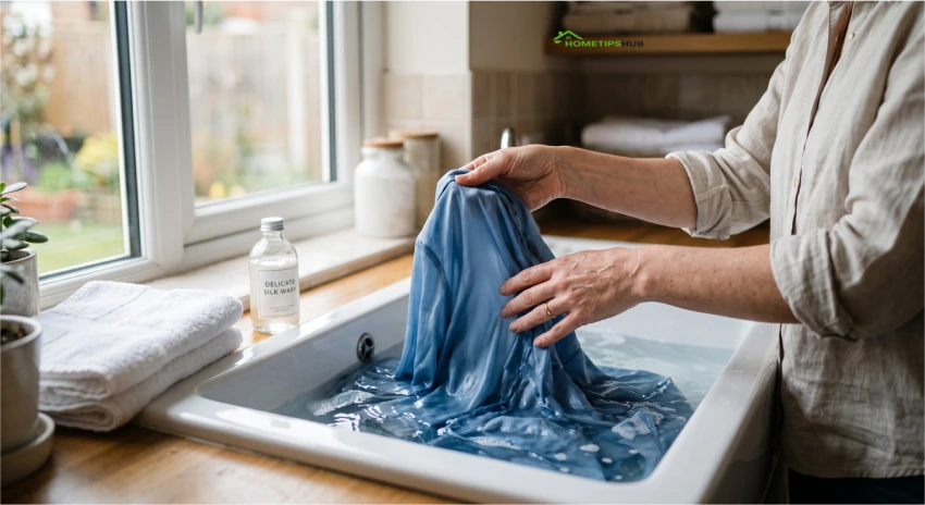 Hand washing delicate silk clothing using cool water and gentle detergent at home.