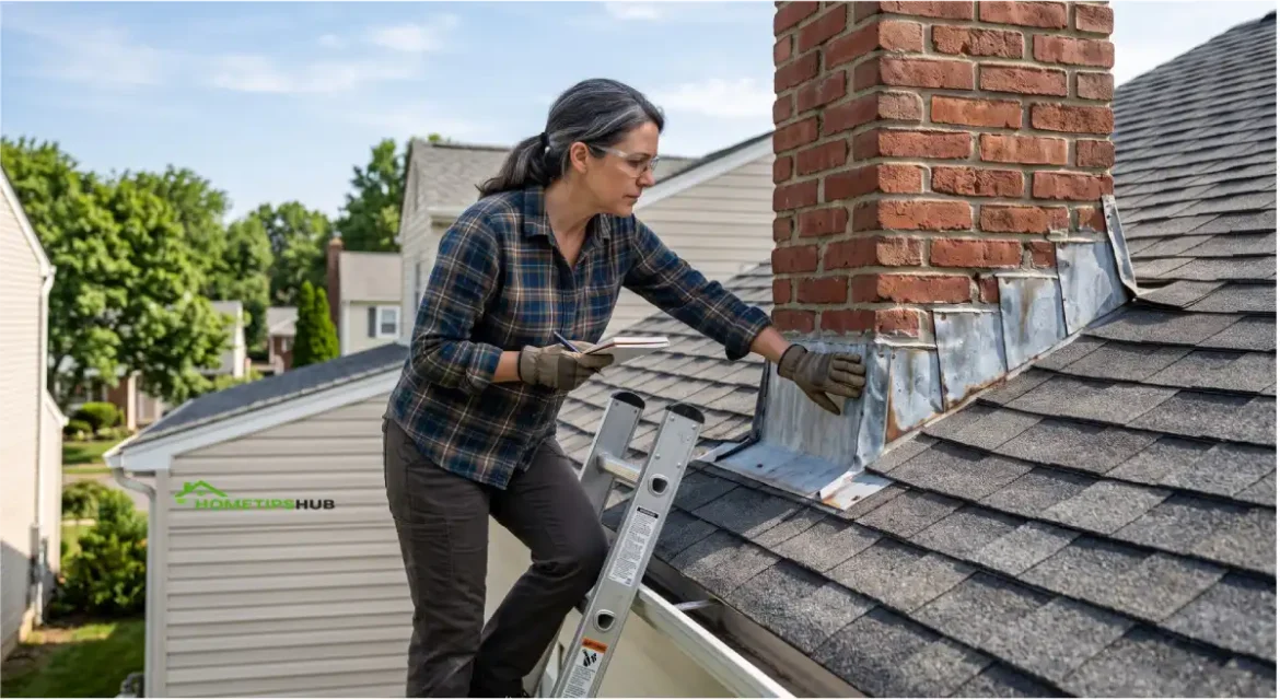 Homeowner inspecting roof flashing repair around a chimney to prevent roof leaks and water damage