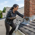 Homeowner inspecting roof flashing repair around a chimney to prevent roof leaks and water damage