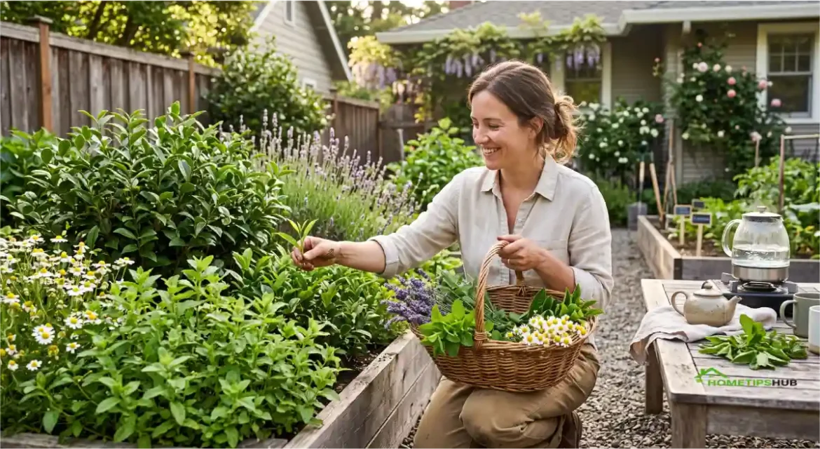 Tea Garden Plants: 22 Jaw-Dropping Plants for Tea Lovers Tea garden plants growing in a backyard home tea garden with fresh herbs and tea leaves ready for harvesting